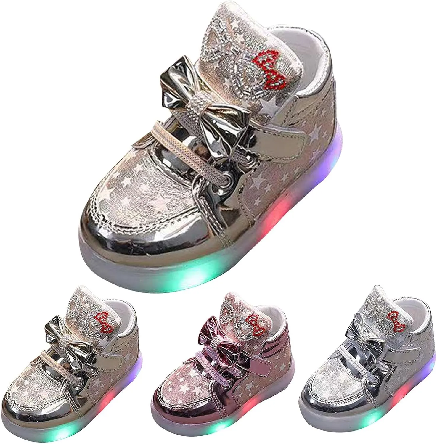 Baby Boys Girls Sequins Glitter Sneaker Bow Light Up Sport Shoes Toddler Open Toe Soft First Walking Light Fashion Shoes