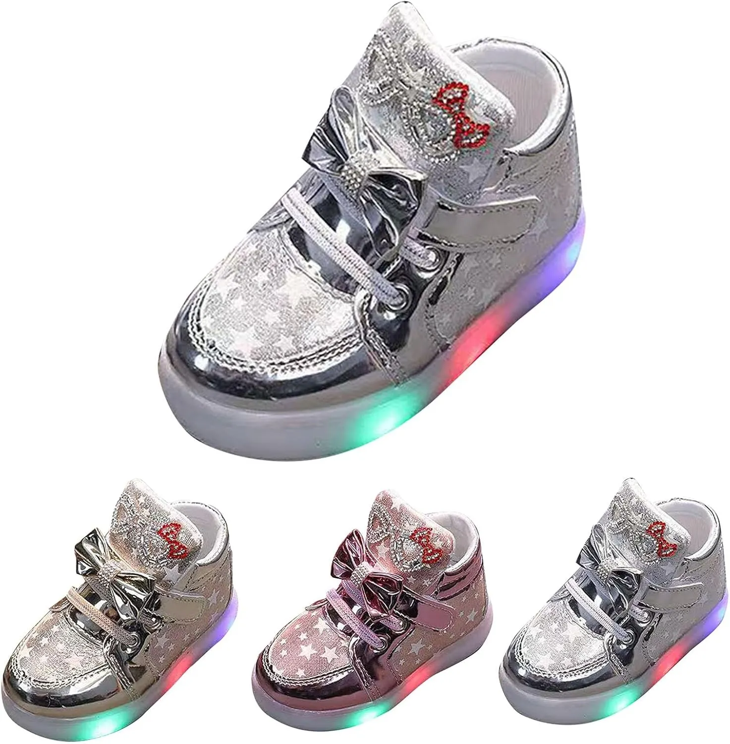 Baby Boys Girls Sequins Glitter Sneaker Bow Light Up Sport Shoes Toddler Open Toe Soft First Walking Light Fashion Shoes