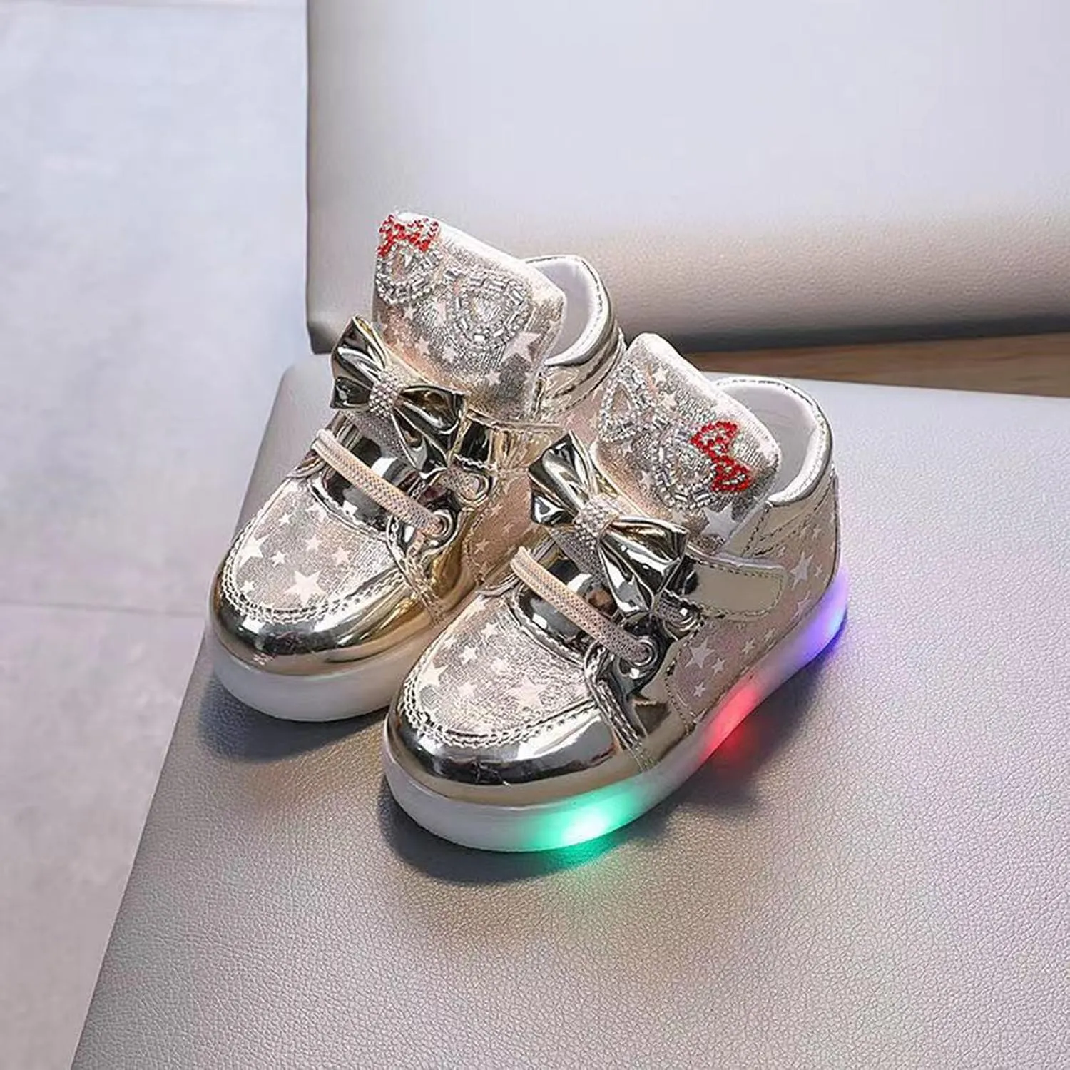 Baby Boys Girls Sequins Glitter Sneaker Bow Light Up Sport Shoes Toddler Open Toe Soft First Walking Light Fashion Shoes