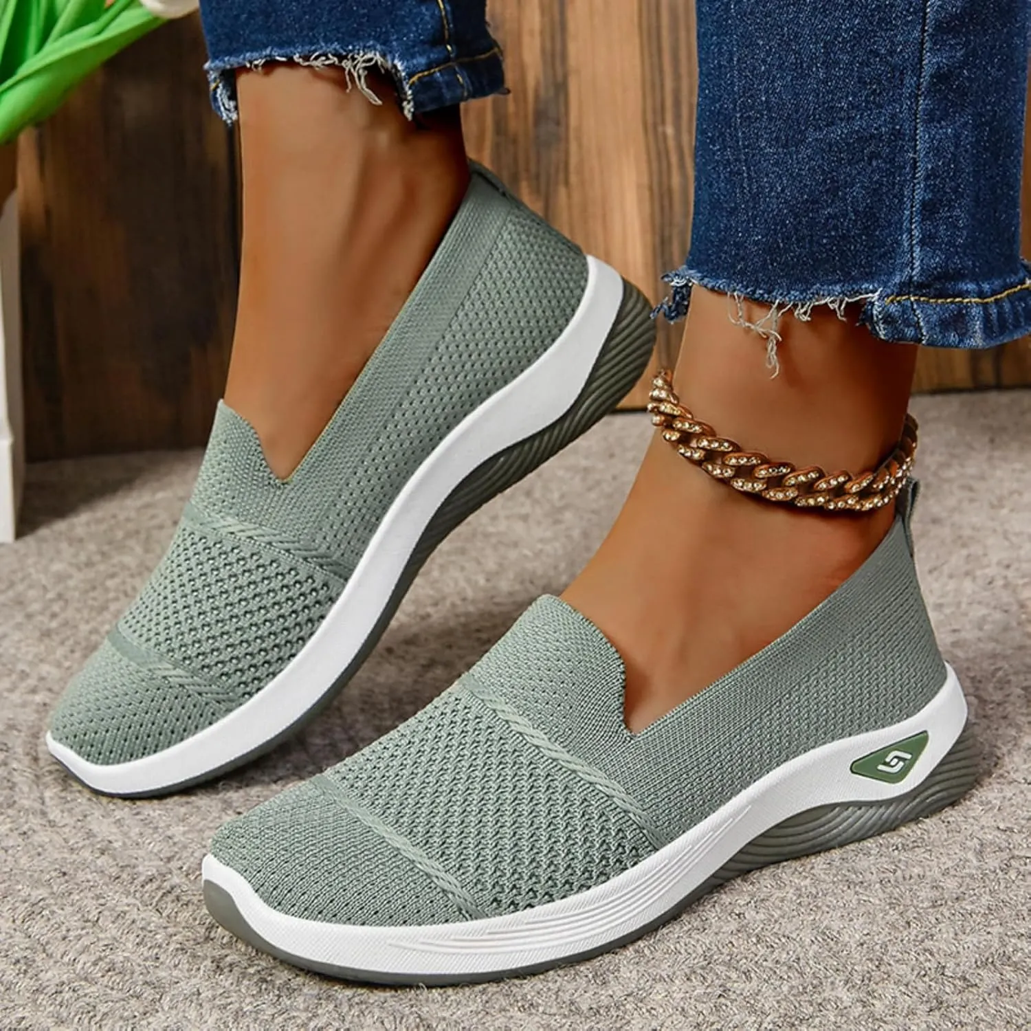 Canbebig Walking Shoes Women Woven Orthopedic Breathable Soft Shoes Hands Free Slip on Sneakers with Arch Support Breathable Nurse Shoe for Work Travel