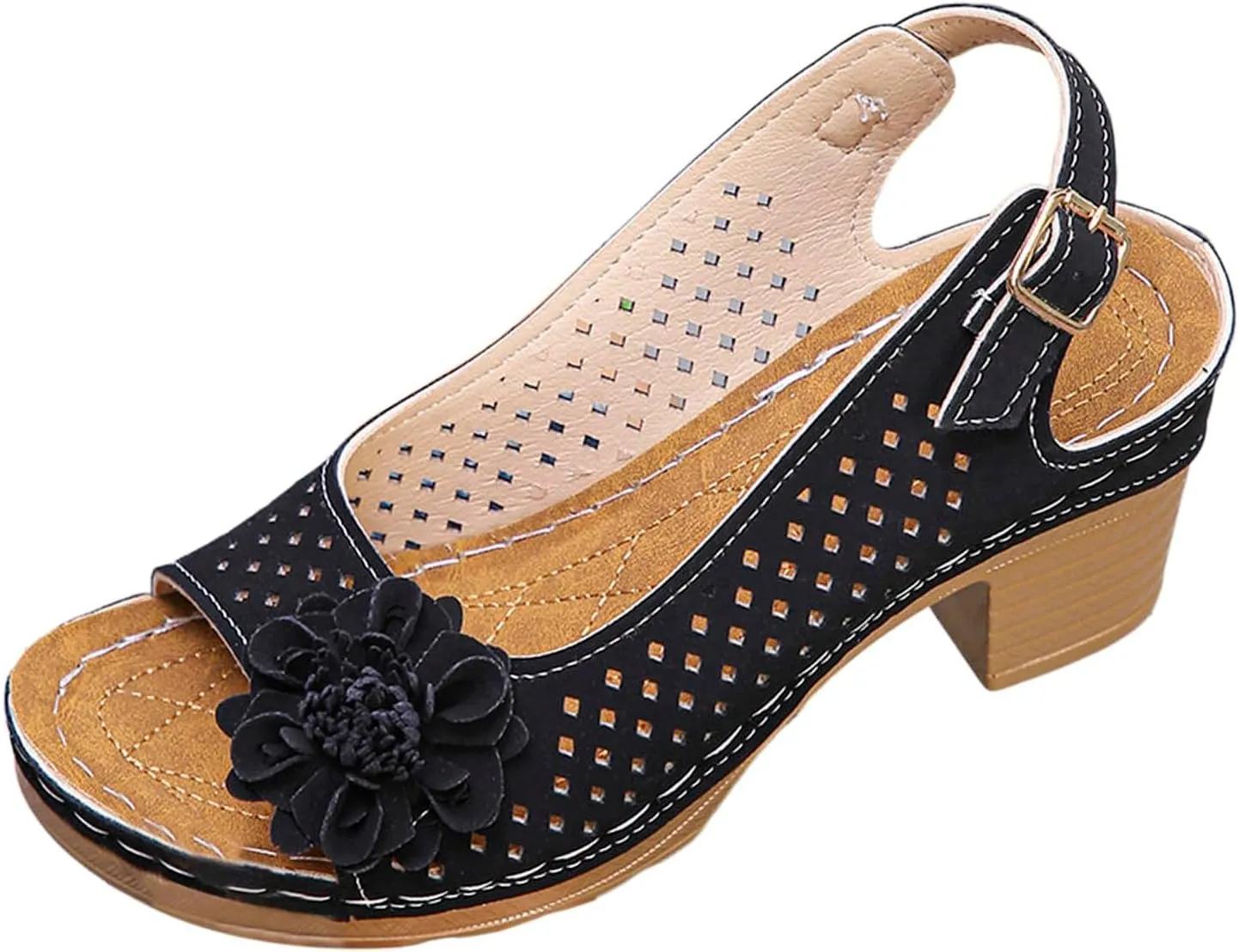 Chunky Heel Sandals for Women 2025 Summer Open Toe Ankle Strap High Heel Sandals, Hollow Flowers Breathable Sandal Fish Mouth Open Toe Slippers with Arch Support