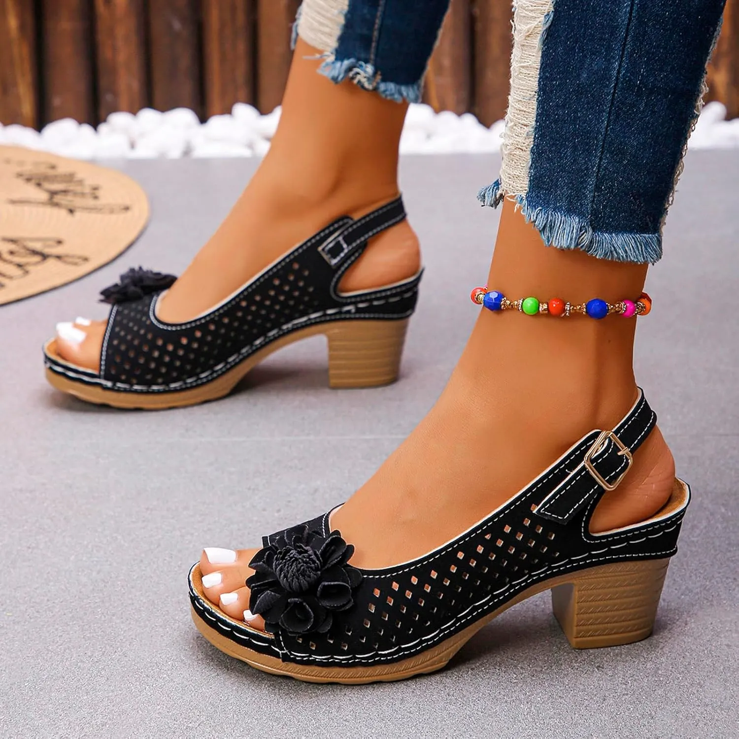Chunky Heel Sandals for Women 2025 Summer Open Toe Ankle Strap High Heel Sandals, Hollow Flowers Breathable Sandal Fish Mouth Open Toe Slippers with Arch Support