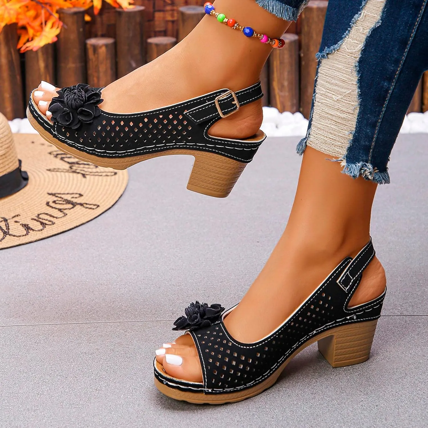 Chunky Heel Sandals for Women 2025 Summer Open Toe Ankle Strap High Heel Sandals, Hollow Flowers Breathable Sandal Fish Mouth Open Toe Slippers with Arch Support
