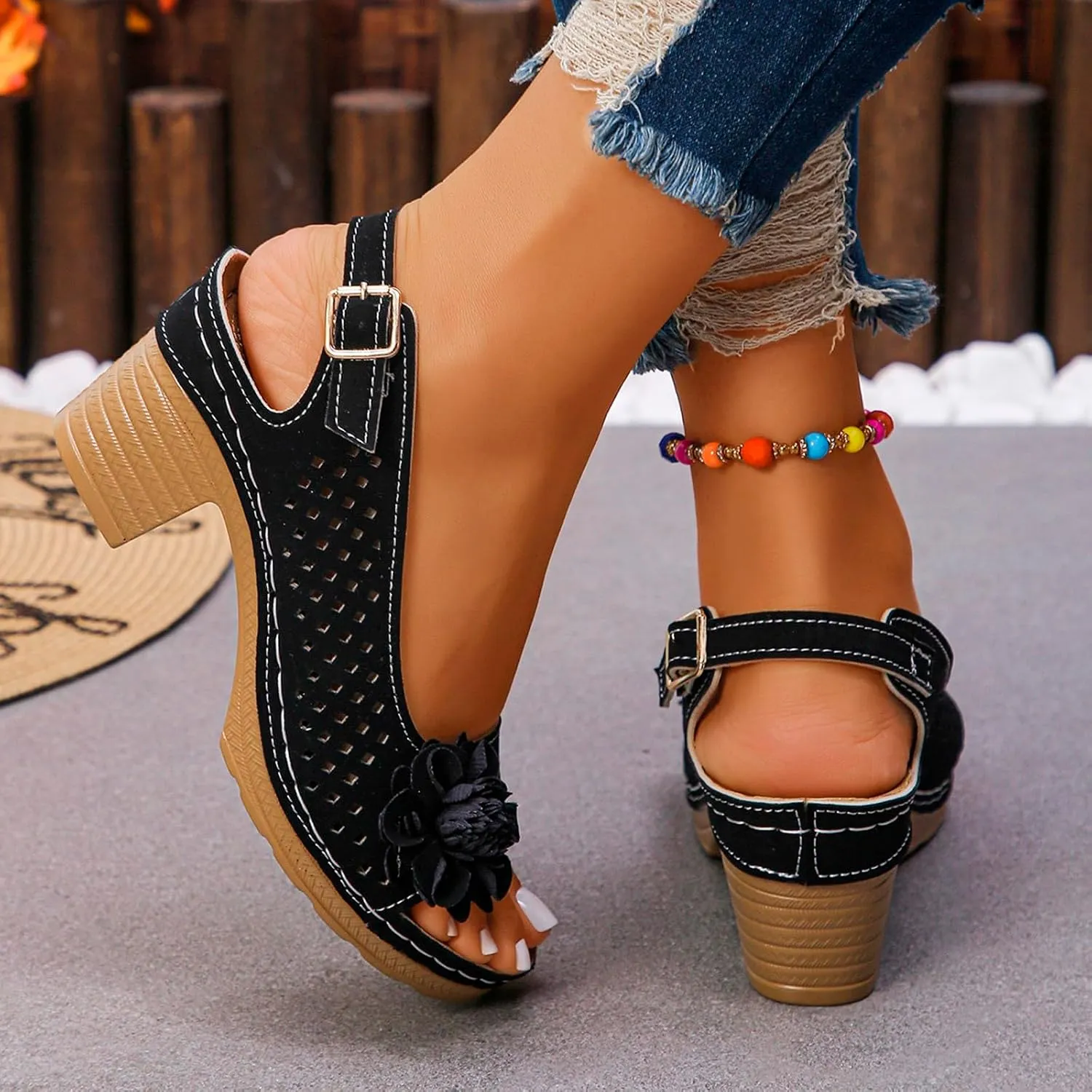 Chunky Heel Sandals for Women 2025 Summer Open Toe Ankle Strap High Heel Sandals, Hollow Flowers Breathable Sandal Fish Mouth Open Toe Slippers with Arch Support