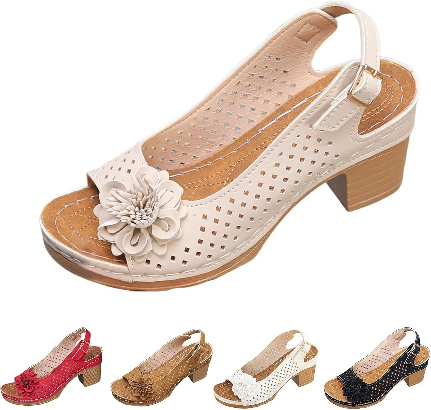 Chunky Heel Sandals for Women 2025 Summer Open Toe Ankle Strap High Heel Sandals, Hollow Flowers Breathable Sandal Fish Mouth Open Toe Slippers with Arch Support