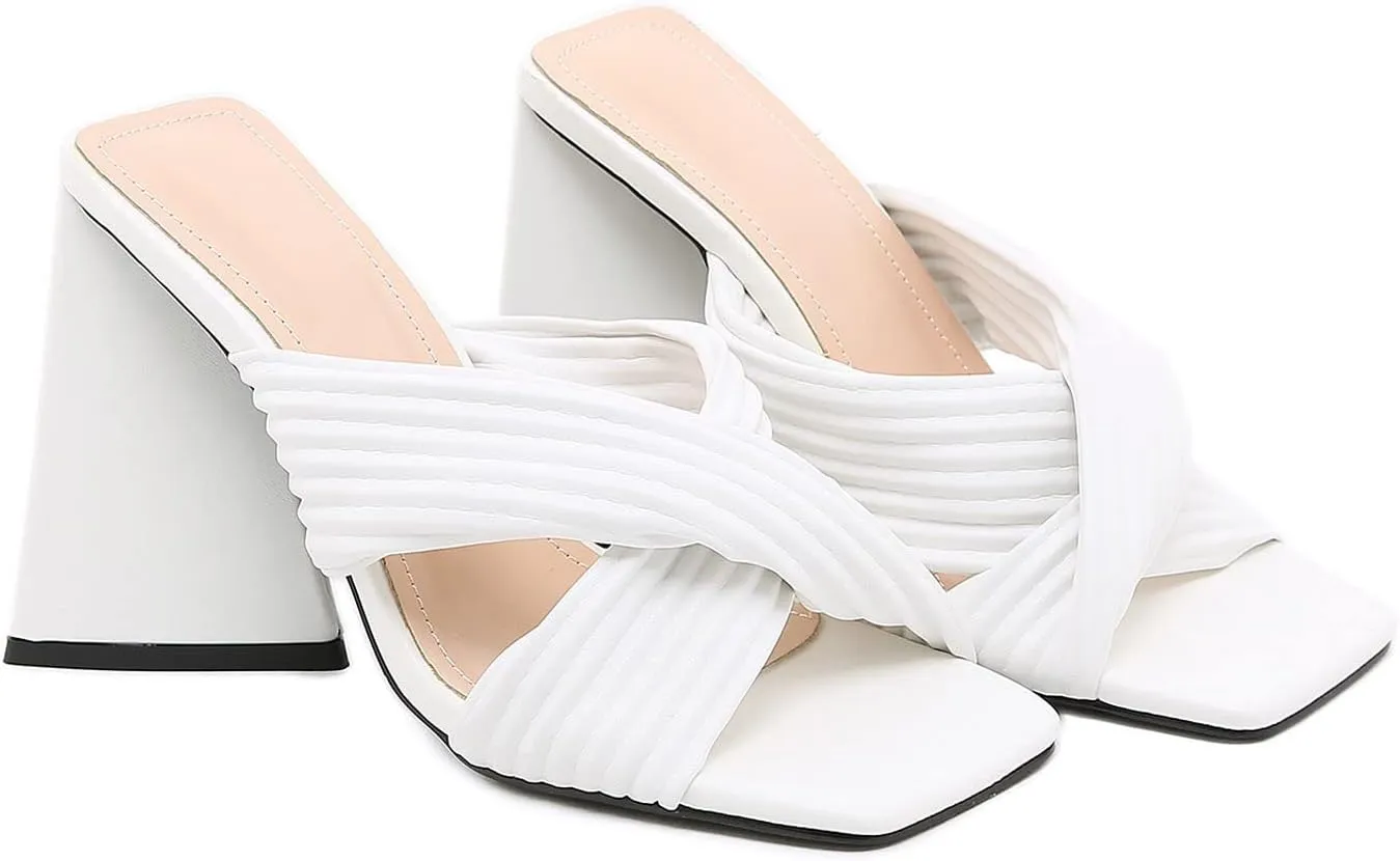 Chunky Heel Sandals for Women Fashion Square Toe Ruched Cross Straps Open Toe Slip-on Thick High Heels Shoes Solid Color Minimalistic Slipper