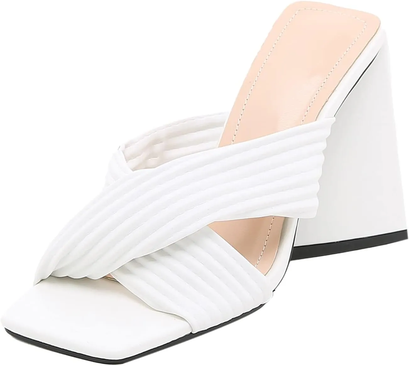 Chunky Heel Sandals for Women Fashion Square Toe Ruched Cross Straps Open Toe Slip-on Thick High Heels Shoes Solid Color Minimalistic Slipper
