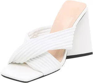 Chunky Heel Sandals for Women Fashion Square Toe Ruched Cross Straps Open Toe Slip-on Thick High Heels Shoes Solid Color Minimalistic Slipper