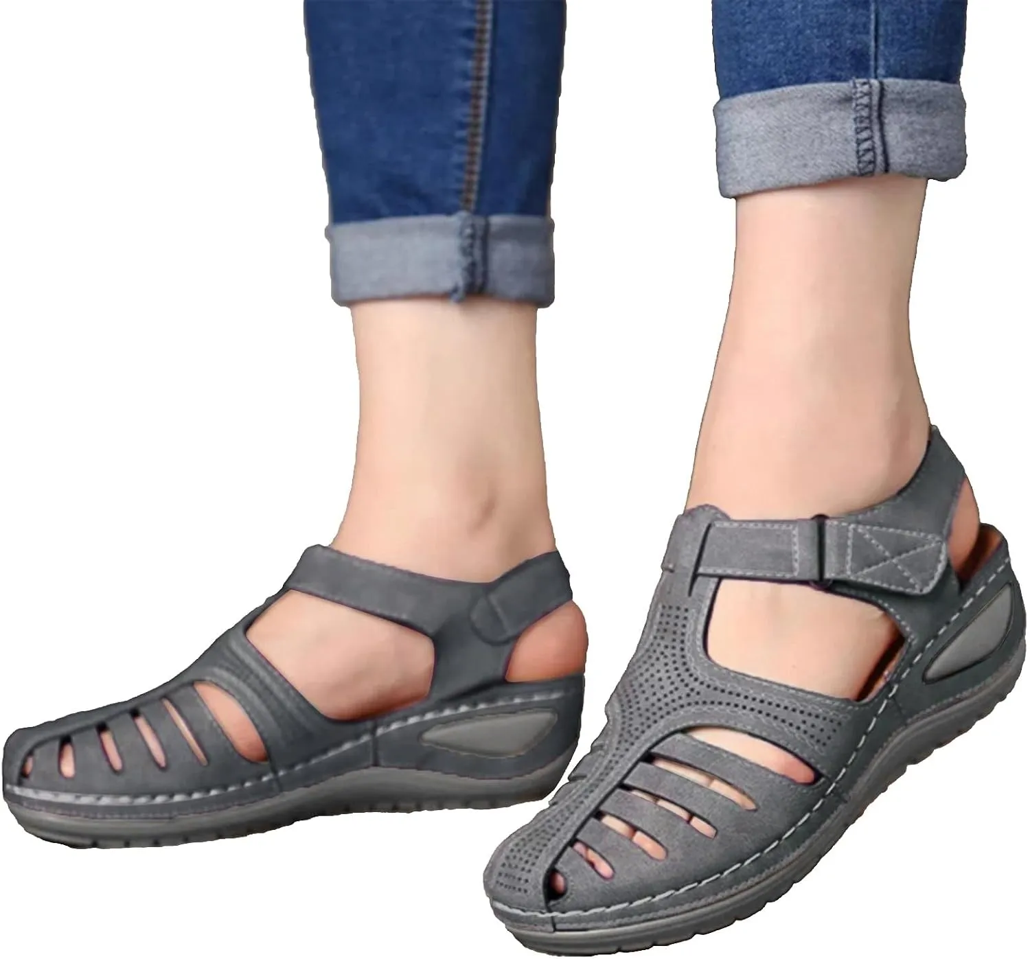 Closed Toe Sandals for Women 2025 Dressy Arch Support Walking Sandals Summer Ankle Strap Non-Slip Hollow Out Wedge Sandal Beach Mid Heel Platform