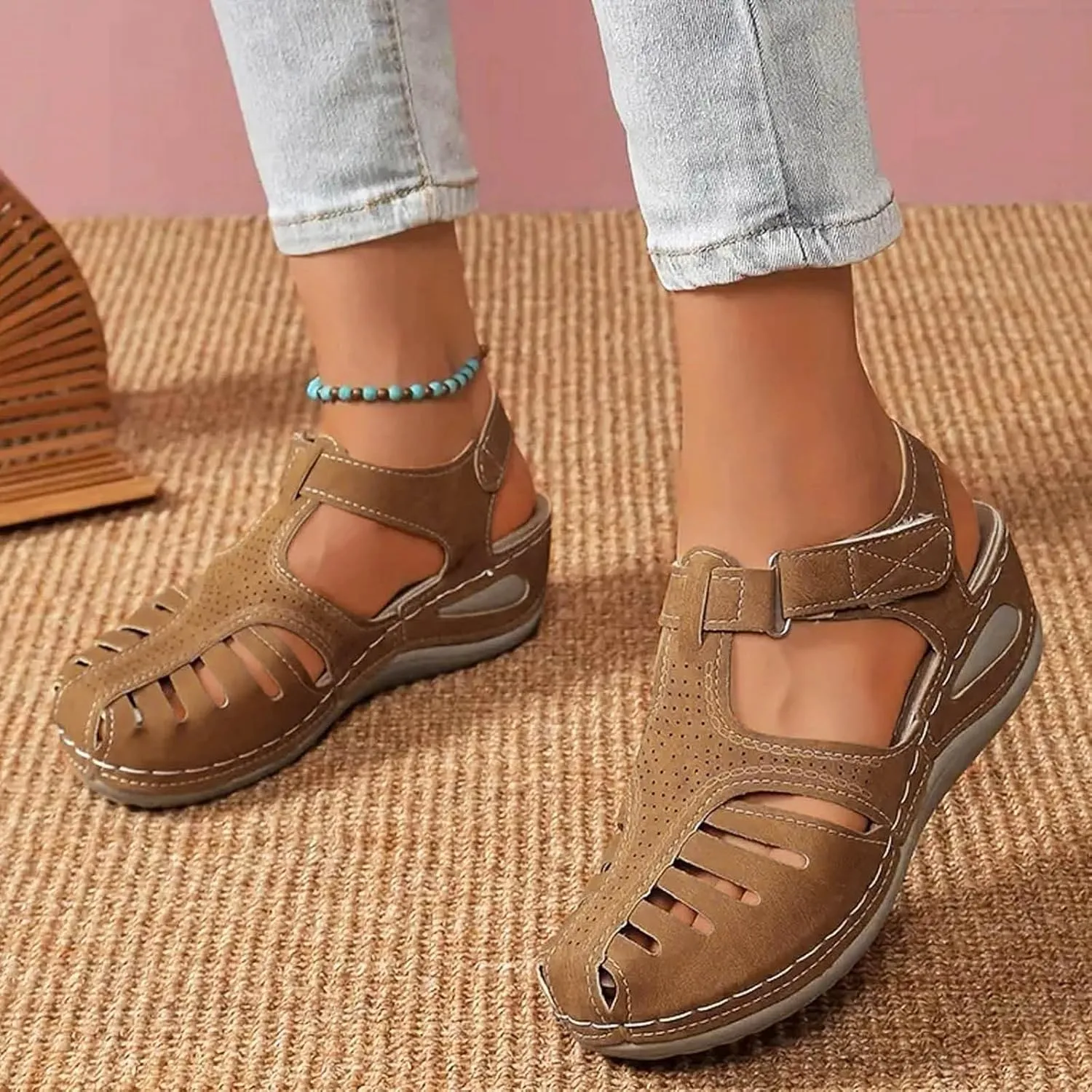 Closed Toe Sandals for Women 2025 Dressy Summer Comfortable Platform Wedges Ankle Strap Gladiator Sandals Breathable Hollow Out Sandal Casual Anti-Slip Sandal Outdoor Walking Shoes