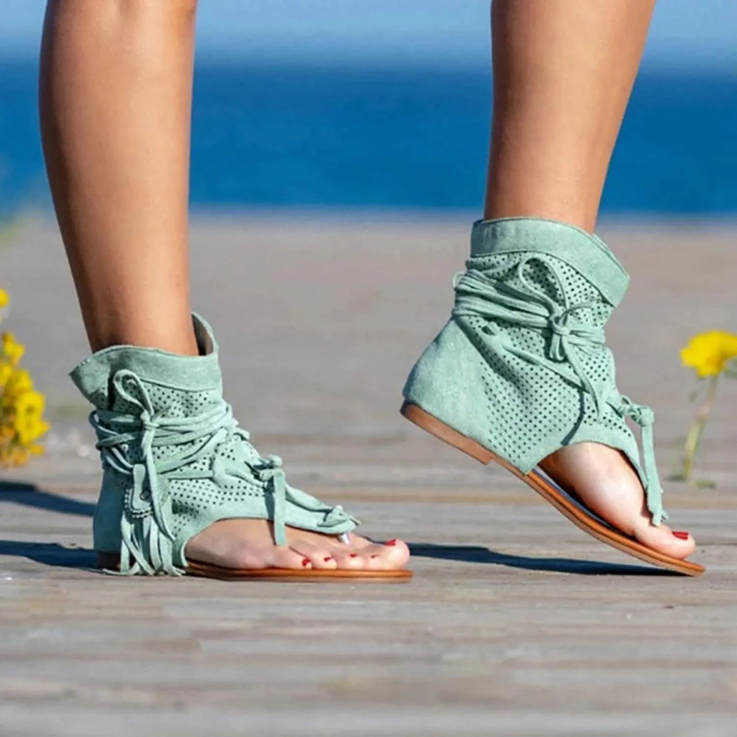 Comfortable Slip on Slide Sandals for Women Ankle Elastic Jeweled Bohemian Flats Leather Sandals for Women