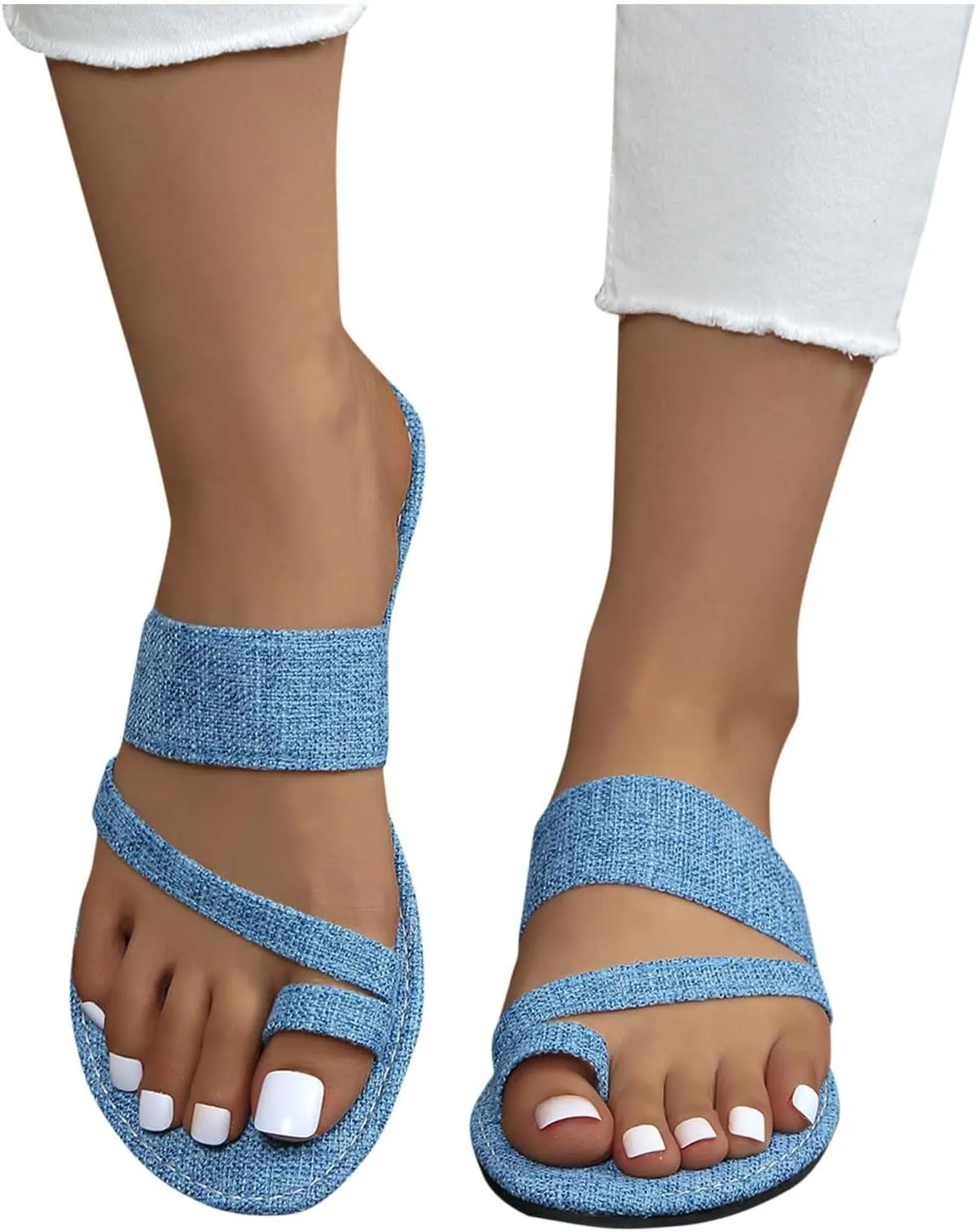 Denim Slides Sandals for Women 2025 Cute Summer Flat Sandal Casual Dressy Toe Ring Strappy Slip on Slide Flats 2025