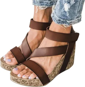 Eduavar Sandals for Women Dressy, Sandals Women Dressy Summer Leather Wedge Platform Sandals Open Toe Sandals Shoes