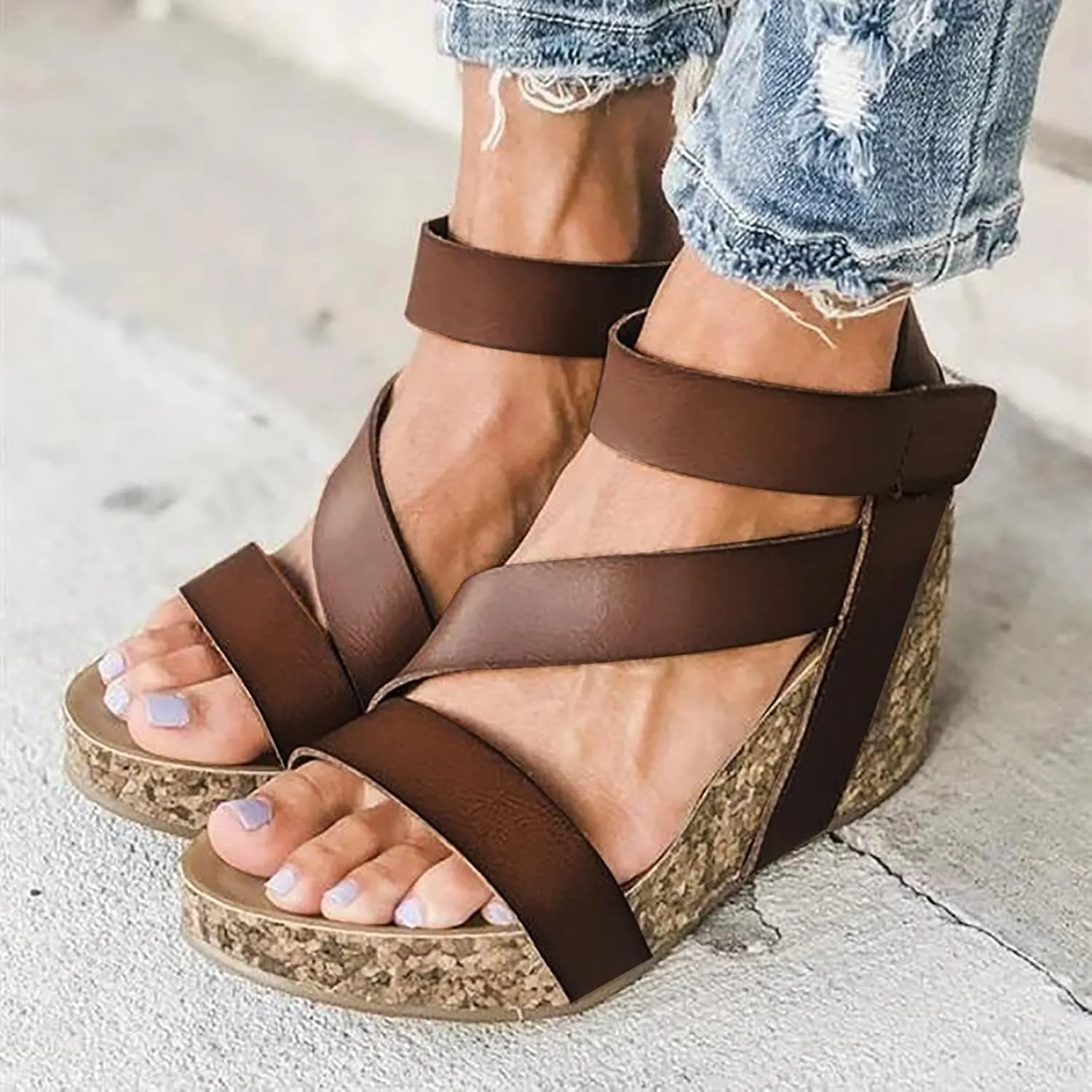 Eduavar Sandals for Women Dressy, Sandals Women Dressy Summer Leather Wedge Platform Sandals Open Toe Sandals Shoes