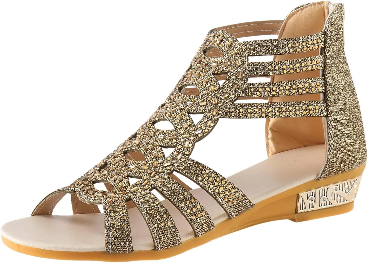 Eduavar Wedge Sandals for Women Sandals Comfortable Sandals Dressy Summer Rhinestone Peep Toe Zip Up Sandals