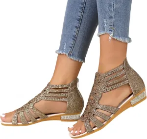 Eduavar Wedge Sandals for Women Sandals Comfortable Sandals Dressy Summer Rhinestone Peep Toe Zip Up Sandals