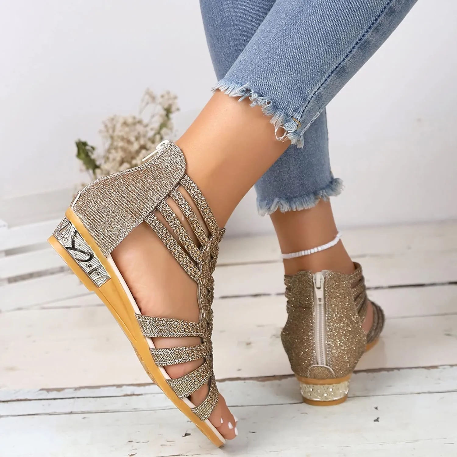 Eduavar Wedge Sandals for Women Sandals Comfortable Sandals Dressy Summer Rhinestone Peep Toe Zip Up Sandals