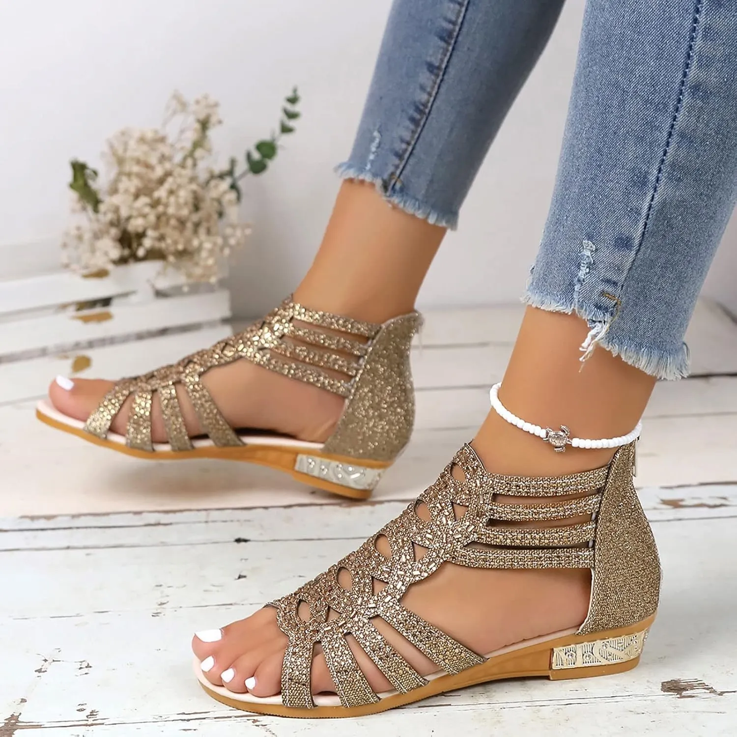 Eduavar Wedge Sandals for Women Sandals Comfortable Sandals Dressy Summer Rhinestone Peep Toe Zip Up Sandals