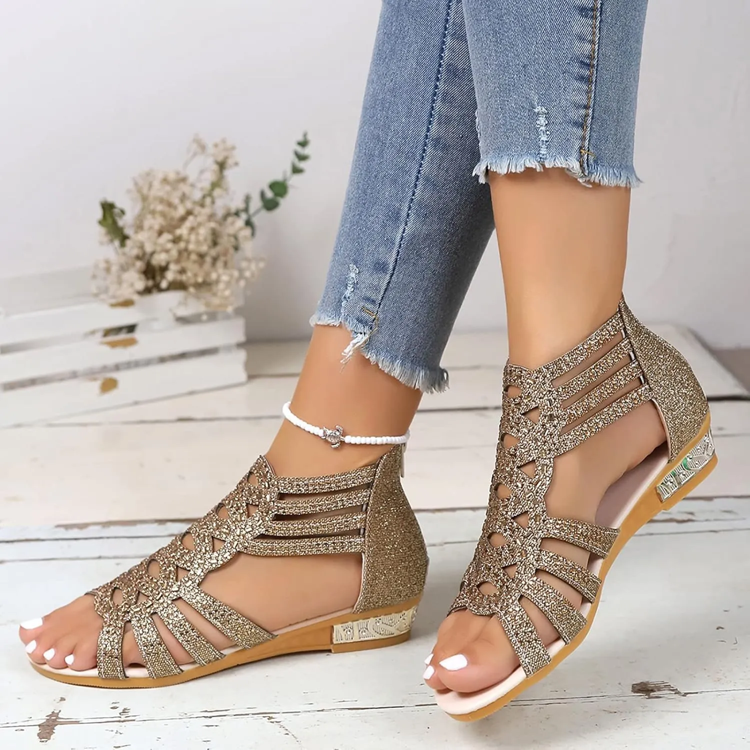 Eduavar Wedge Sandals for Women Sandals Comfortable Sandals Dressy Summer Rhinestone Peep Toe Zip Up Sandals