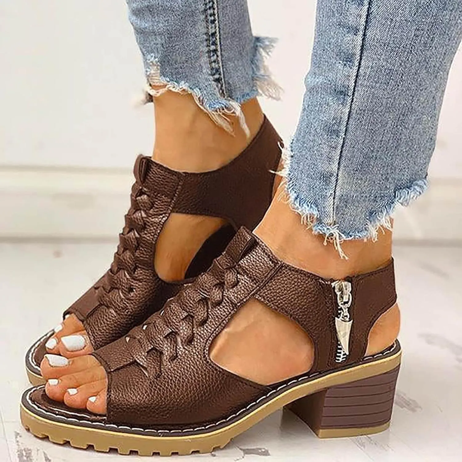 Eduavar Womens Wedge Sandals, Orthopedic Sandals for Women Leather Peep Toe Cutout Zipper Chunky Heeled Sandals