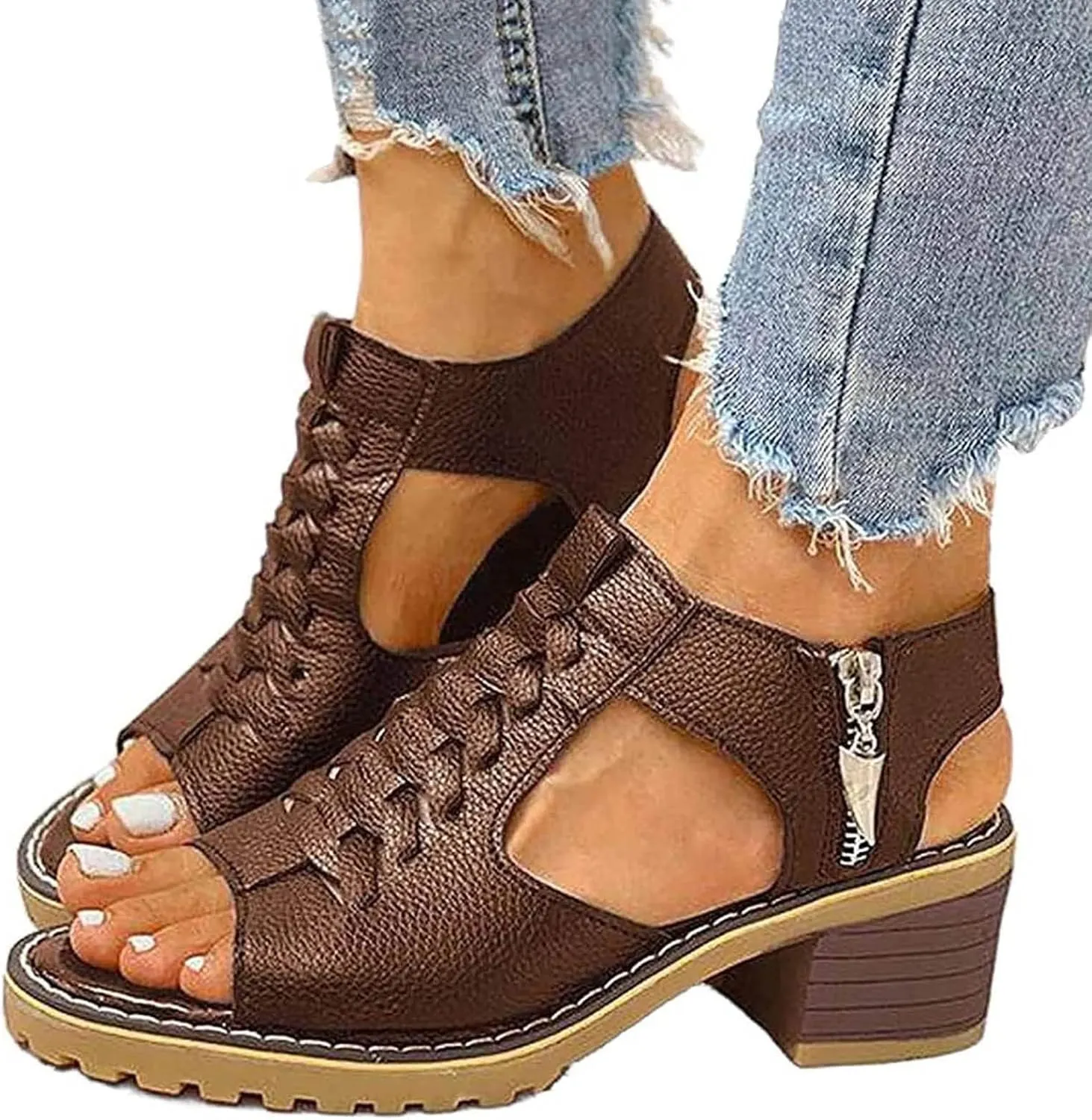 Eduavar Womens Wedge Sandals, Orthopedic Sandals for Women Leather Peep Toe Cutout Zipper Chunky Heeled Sandals