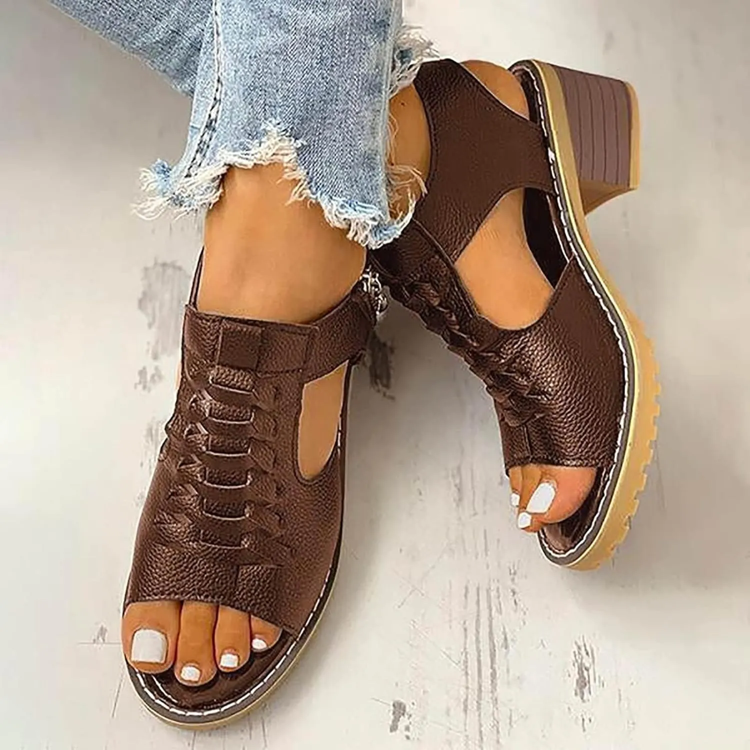 Eduavar Womens Wedge Sandals, Orthopedic Sandals for Women Leather Peep Toe Cutout Zipper Chunky Heeled Sandals