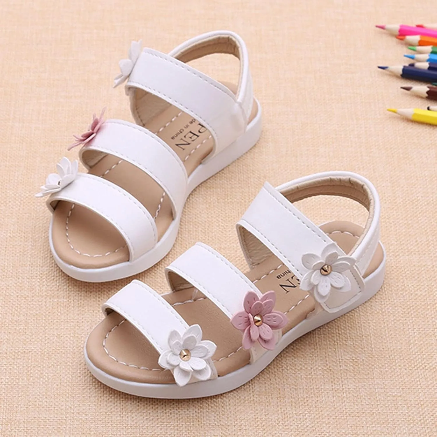 EnJoCho 1 to 12 Years Summer Kids Child Sandals Fashion Big Flower Girls Flat Pricness Shoes Baby First (White, 2-2.5 Years)