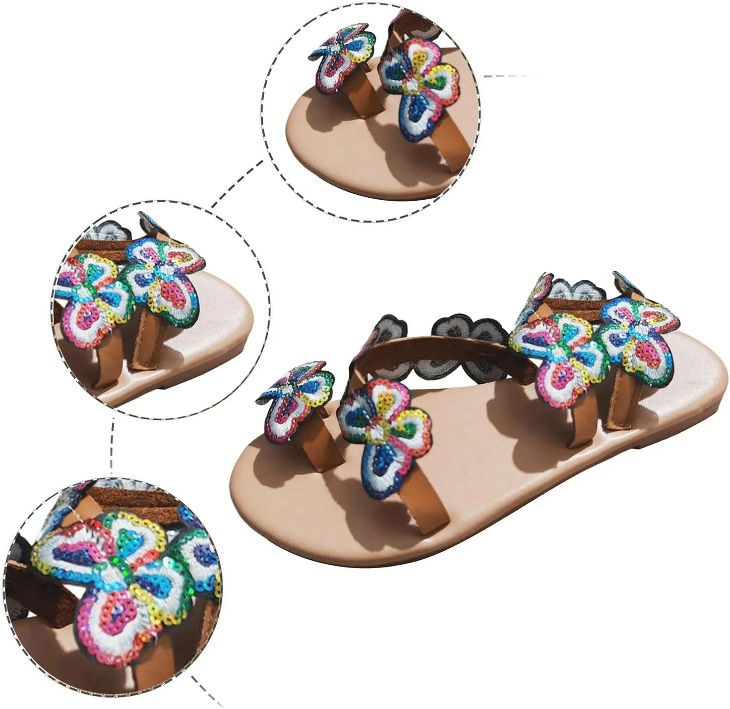 Flat Sandals for Women Dressy Slip-on Open Toe Embroidered Thong Strappy Sandals Vacation Non Slip Trendy Summer Sandals Ladies Retro Casual Sandals
