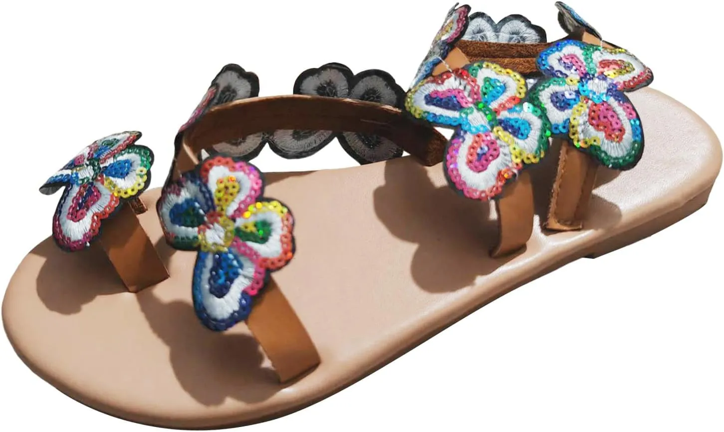 Flat Sandals for Women Dressy Slip-on Open Toe Embroidered Thong Strappy Sandals Vacation Non Slip Trendy Summer Sandals Ladies Retro Casual Sandals