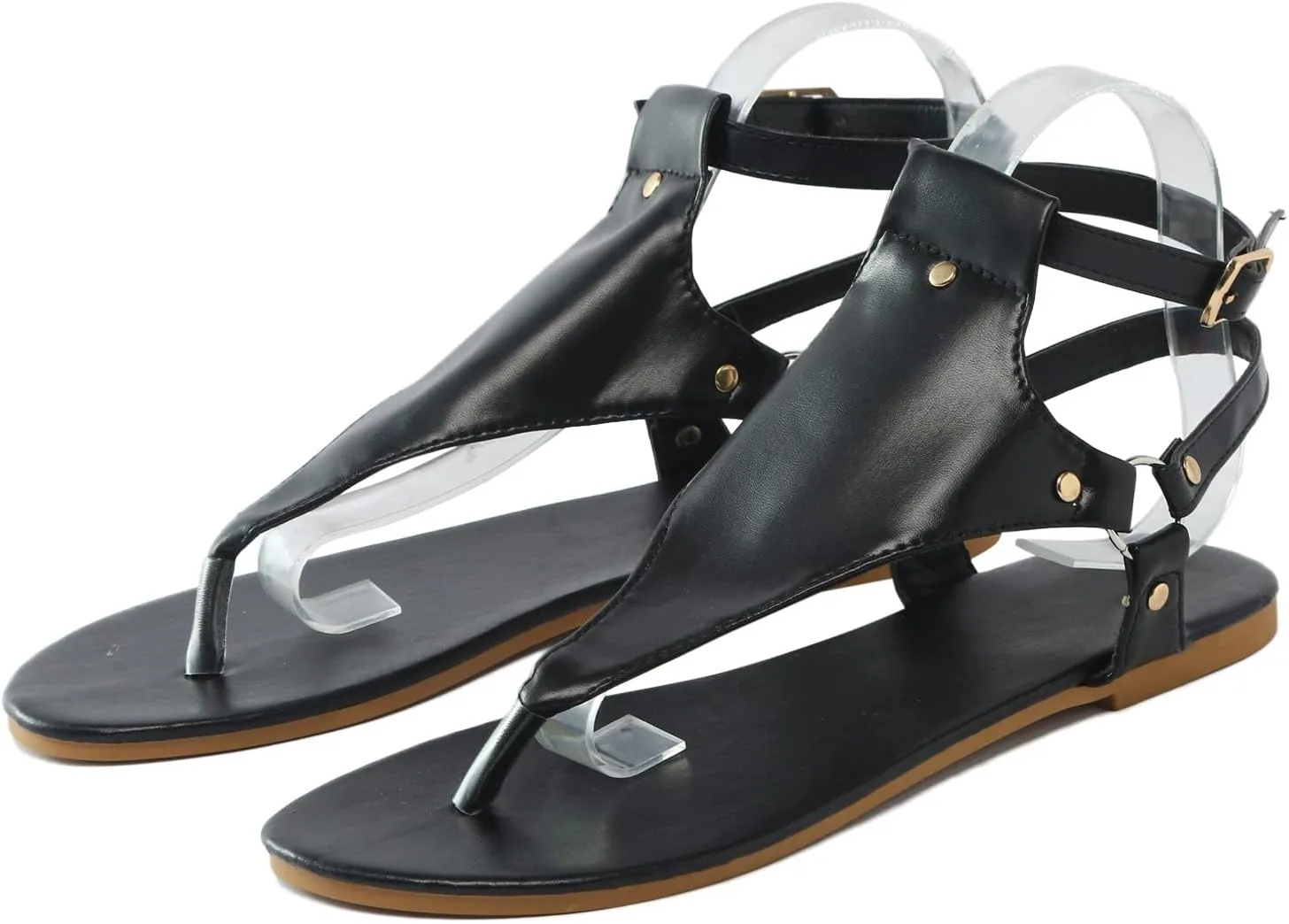 Flat Sandals for Women Dressy T-Strap Thong Flat Leather Strappy Sandal Summer Comfortable Ankle Strap Womens Open Toe Casual Sandal