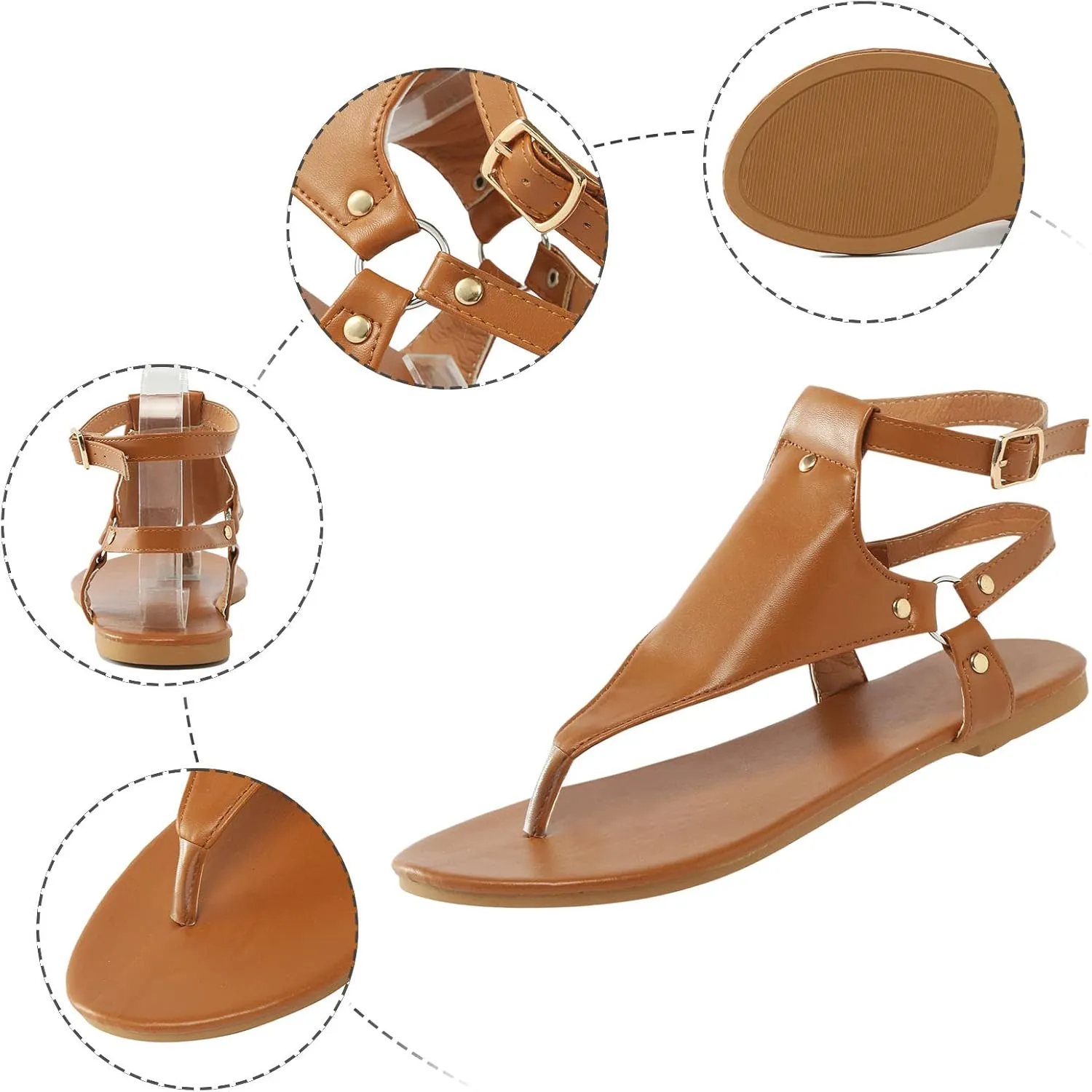 Flat Sandals for Women Dressy T-Strap Thong Flat Leather Strappy Sandal Summer Comfortable Ankle Strap Womens Open Toe Casual Sandal
