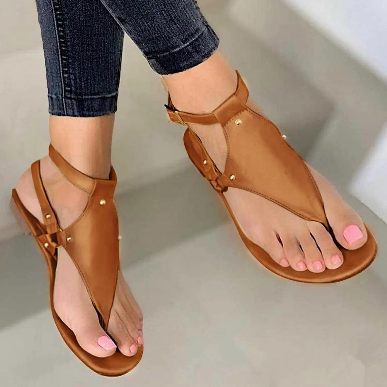 Flat Sandals for Women Dressy T-Strap Thong Flat Leather Strappy Sandal Summer Comfortable Ankle Strap Womens Open Toe Casual Sandal