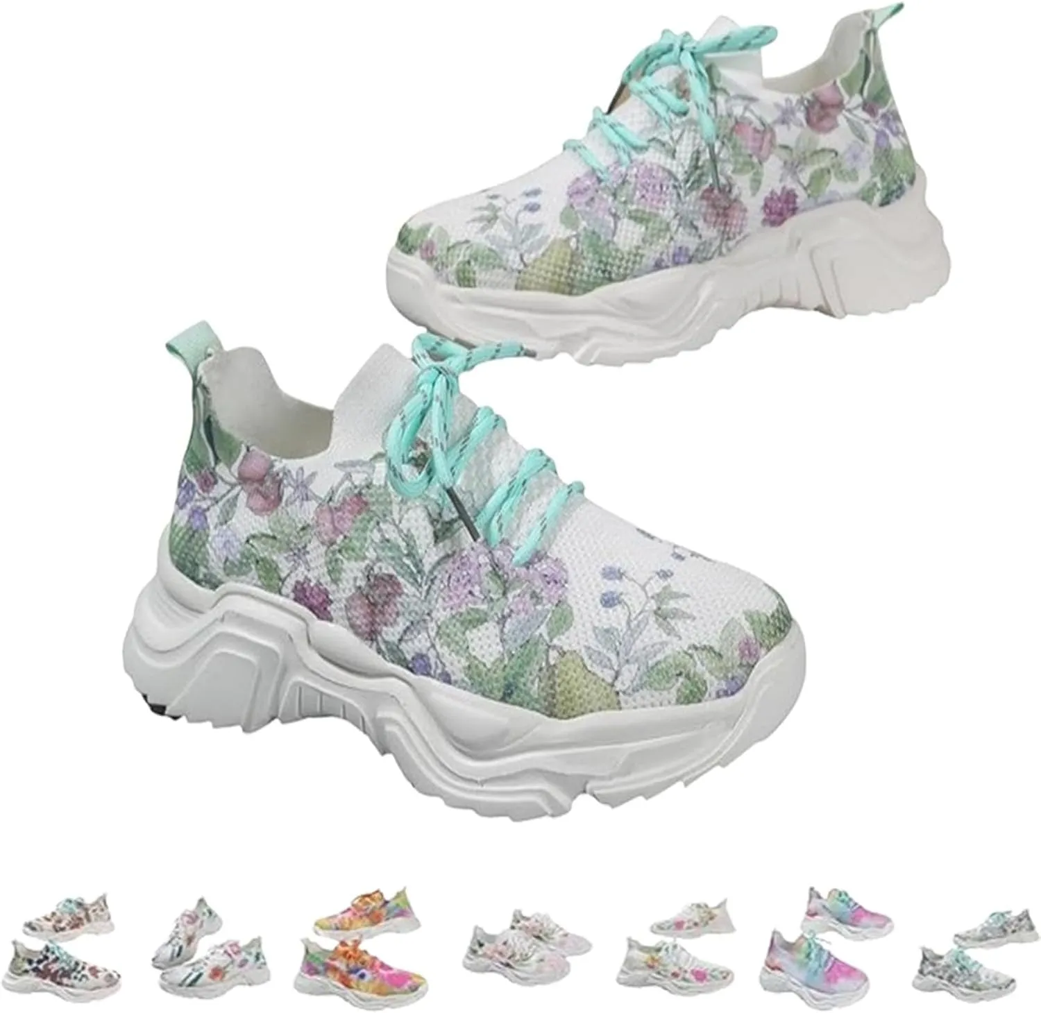 Floral Print Lace-Up Breathable Orthopedic Sneakers,Women's Mesh Breathable Sneakers,Anti-Slip Thick Soled Shoes.