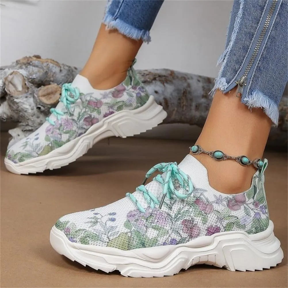 Floral Print Lace-Up Breathable Orthopedic Sneakers,Women's Mesh Breathable Sneakers,Anti-Slip Thick Soled Shoes.