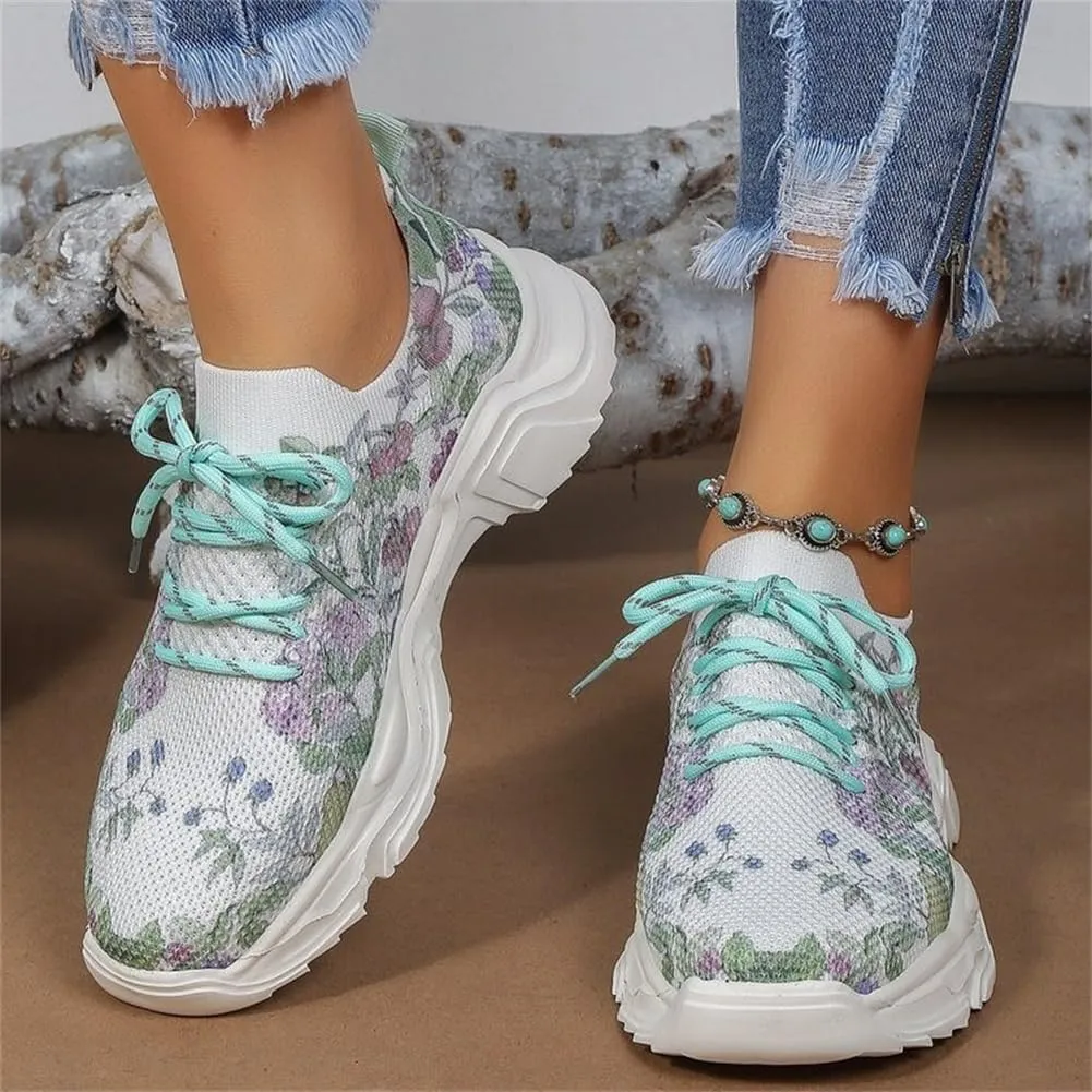 Floral Print Lace-Up Breathable Orthopedic Sneakers,Women's Mesh Breathable Sneakers,Anti-Slip Thick Soled Shoes.