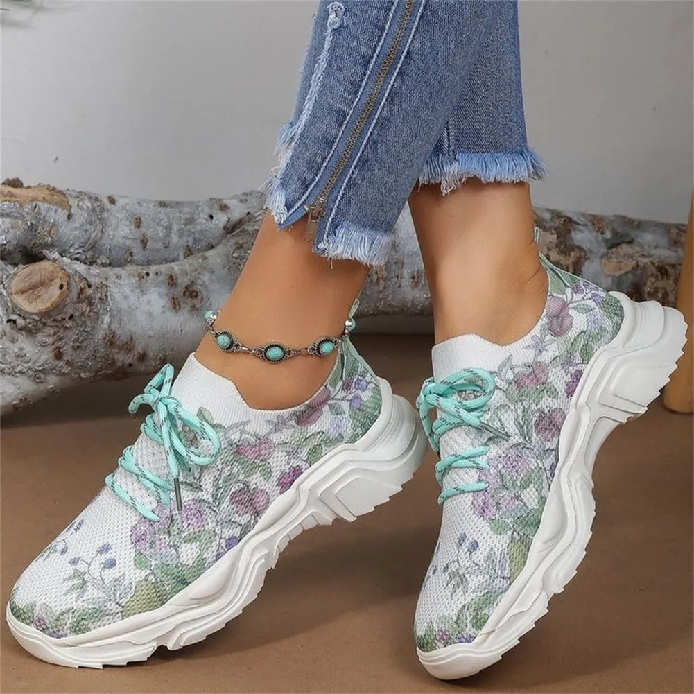 Floral Print Lace-Up Breathable Orthopedic Sneakers,Women's Mesh Breathable Sneakers,Anti-Slip Thick Soled Shoes.