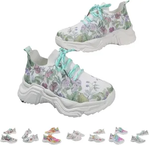 Floral Print Lace-Up Breathable Orthopedic Sneakers,Women's Mesh Breathable Sneakers,Anti-Slip Thick Soled Shoes.