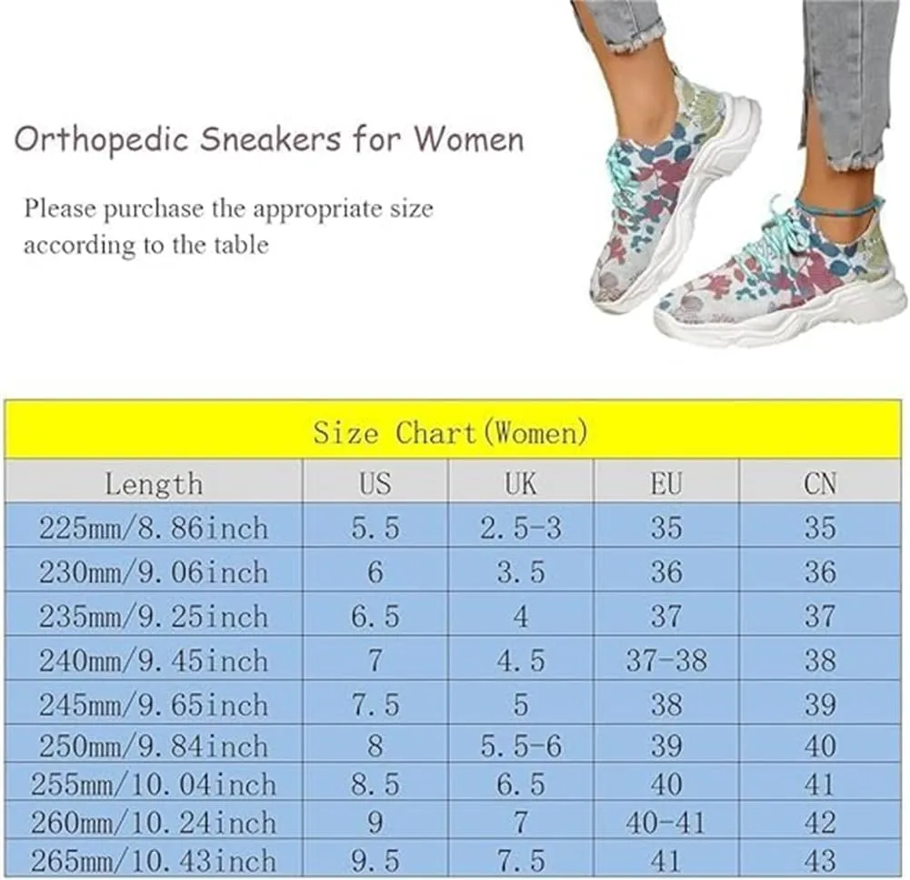 Floral Print Lace-Up Breathable Orthopedic Sneakers,Women's Mesh Breathable Sneakers,Anti-Slip Thick Soled Shoes.
