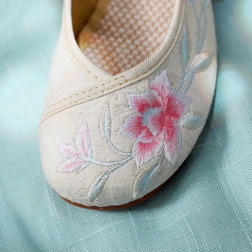 Flower Embroidered Women Comfortable Canvas Ballet Flats Instep Buckles Ladies Casual Flat Shoes