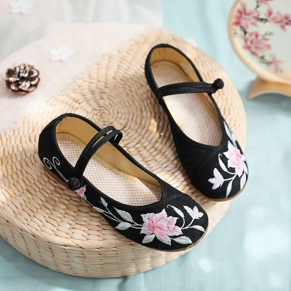 Flower Embroidered Women Comfortable Canvas Ballet Flats Instep Buckles Ladies Casual Flat Shoes