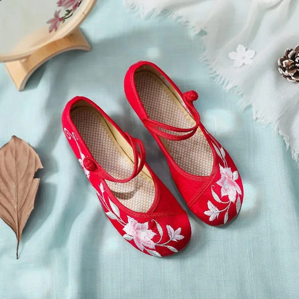 Flower Embroidered Women Comfortable Canvas Ballet Flats Instep Buckles Ladies Casual Flat Shoes