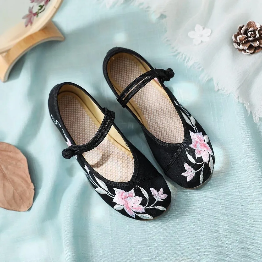 Flower Embroidered Women Comfortable Canvas Ballet Flats Instep Buckles Ladies Casual Flat Shoes