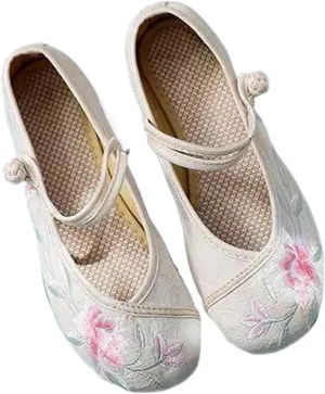 Flower Embroidered Women Comfortable Canvas Ballet Flats Instep Buckles Ladies Casual Flat Shoes