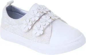 Girls' Cream Floral Pearl Glitter Sneakers with Hook-and-Loop Straps for Daily Wear