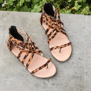 Gladiator Sandals for Women Cross Strappy Flat Sandals T-Strap Fisherman Open Toe Ankle Strap Beach Roman Shoes Zipper