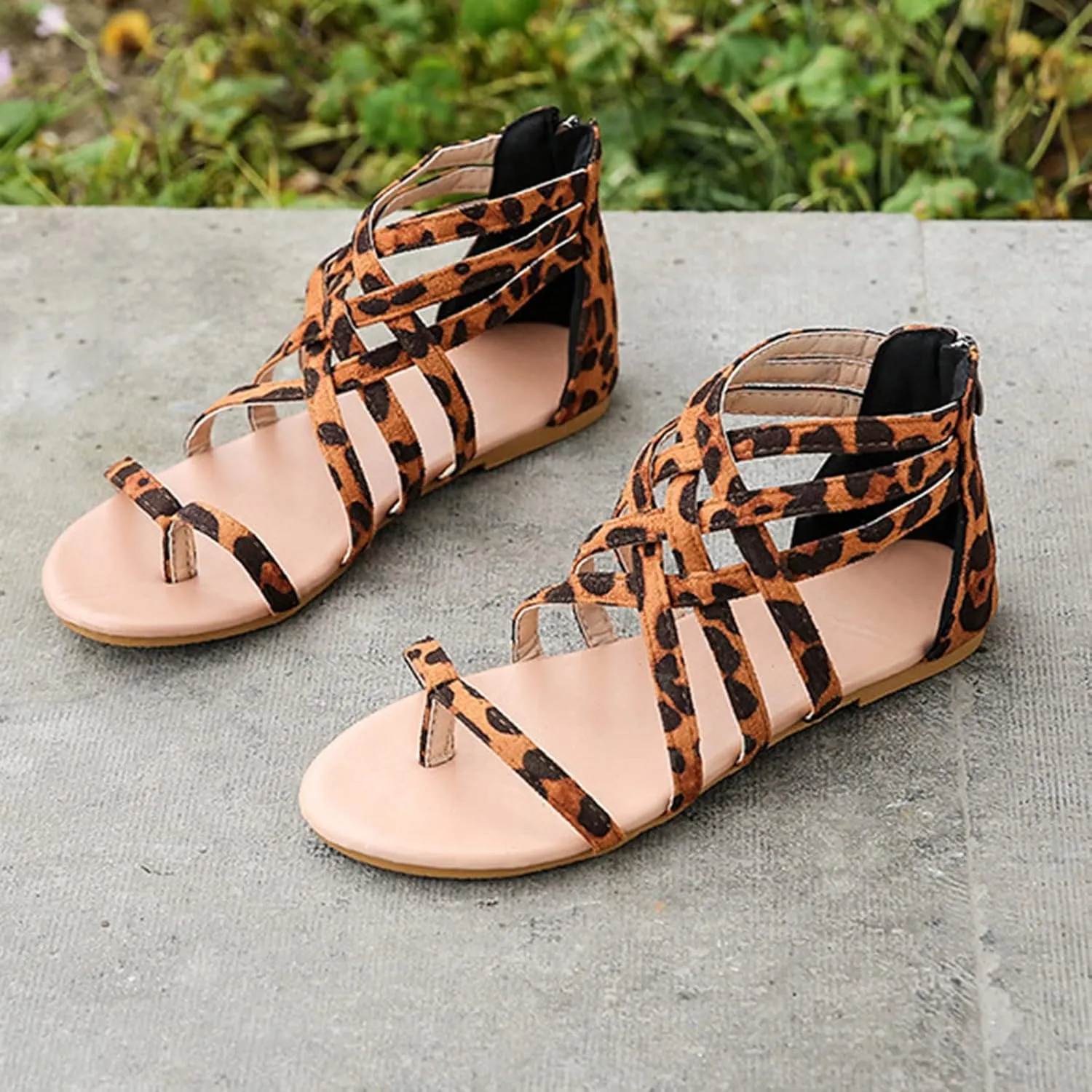 Gladiator Sandals for Women Cross Strappy Flat Sandals T-Strap Fisherman Open Toe Ankle Strap Beach Roman Shoes Zipper