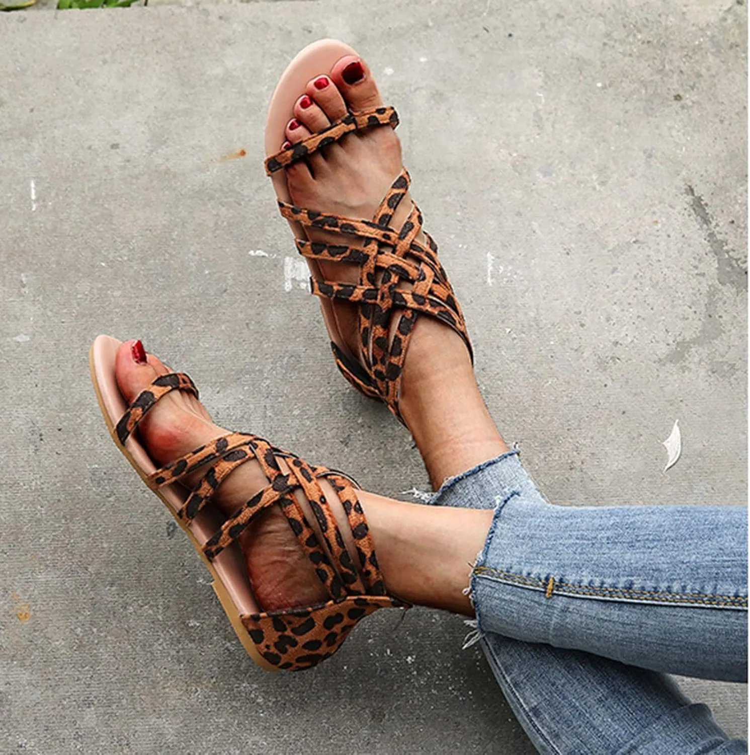 Gladiator Sandals for Women Cross Strappy Flat Sandals T-Strap Fisherman Open Toe Ankle Strap Beach Roman Shoes Zipper