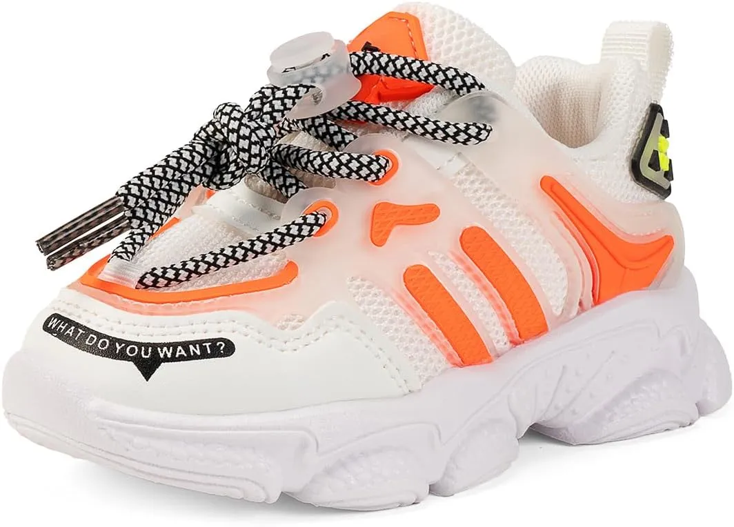 Kids Athletic Sneakers, Chunky Platform Running Shoes, White and Orange, Mesh Design