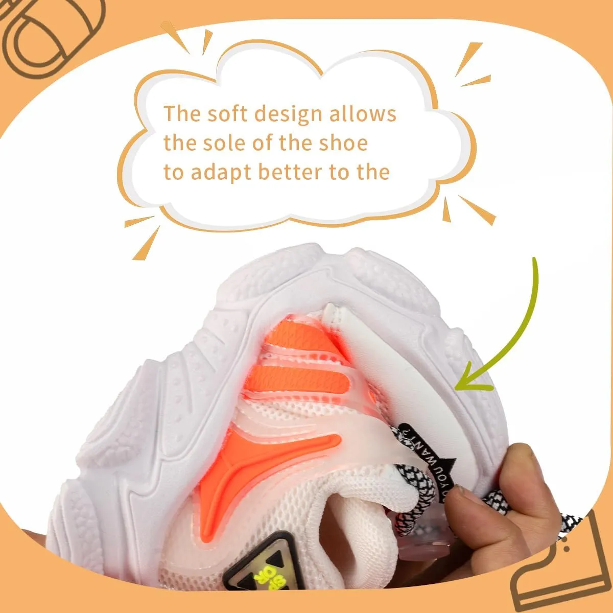 Kids Athletic Sneakers, Chunky Platform Running Shoes, White and Orange, Mesh Design