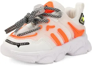 Kids Athletic Sneakers, Chunky Platform Running Shoes, White and Orange, Mesh Design